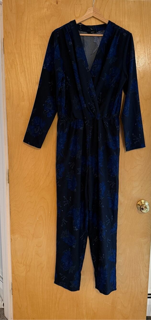 ONLY Nova Navy Blue Floral Long-Sleeve Wrap Jumpsuit Women's